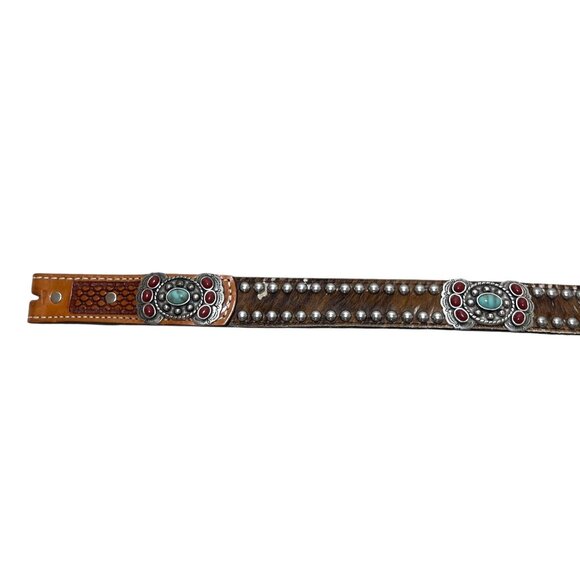 Double J Saddlery Belt Western Hair On Leather Turquoise Studded Belt 32 main image 8